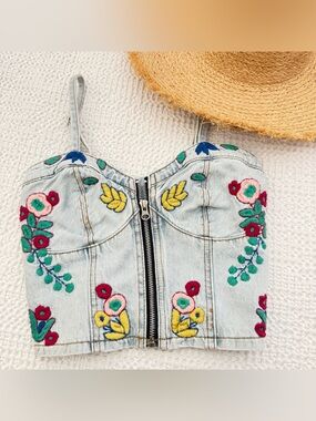 NWT Blank NYCLight Blue Embroidered Denim Bustier Top